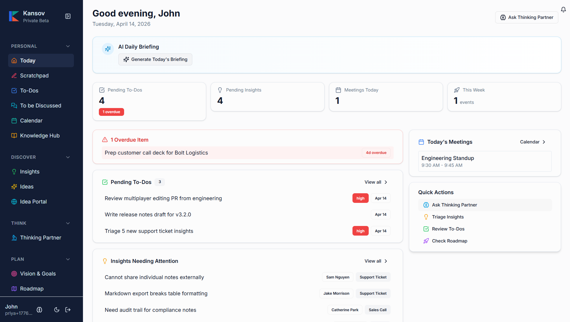 Kansov Today Page — AI-powered morning briefing for product managers