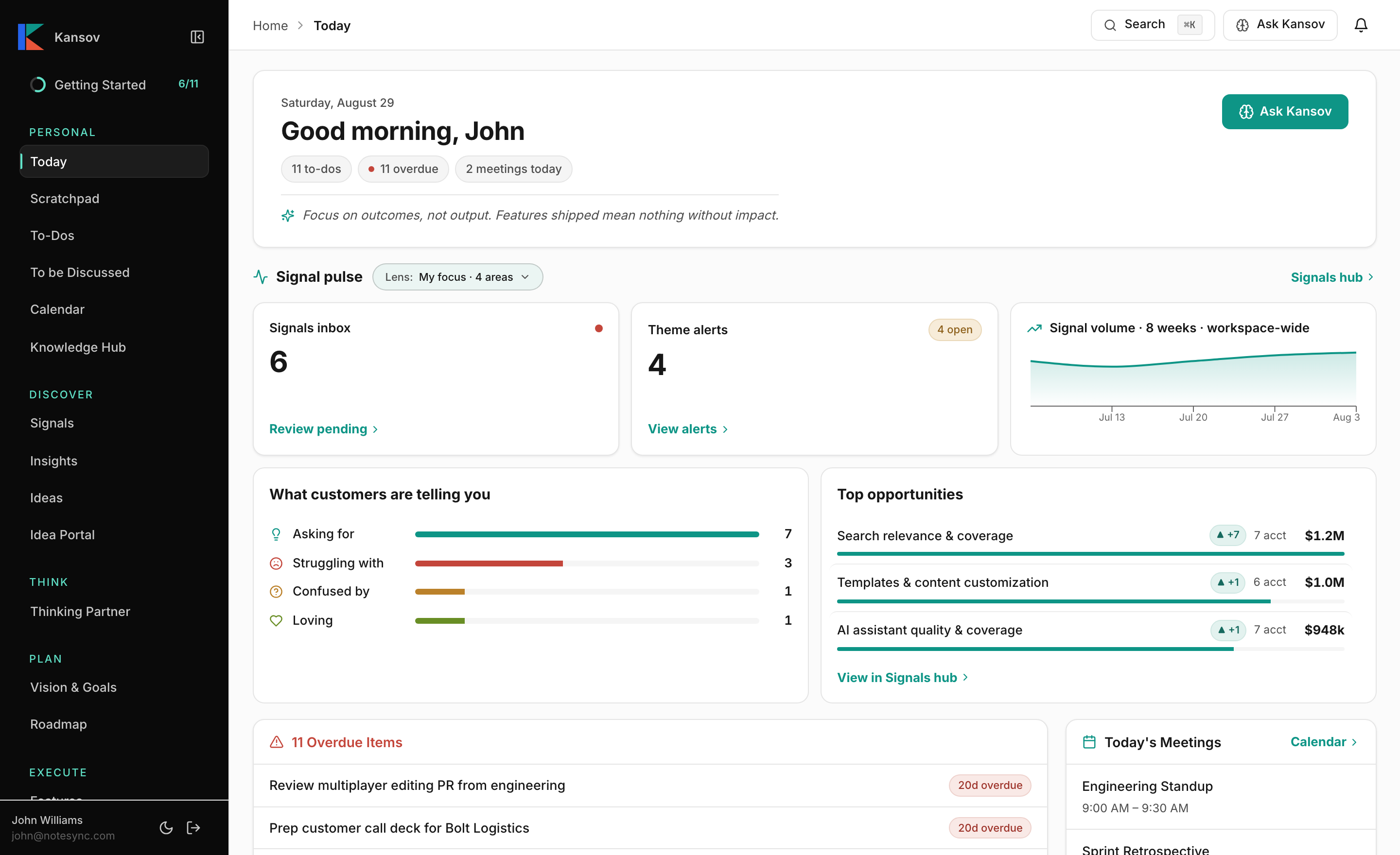 The Kansov Today dashboard: signal pulse, theme alerts, what customers are telling you, and top opportunities