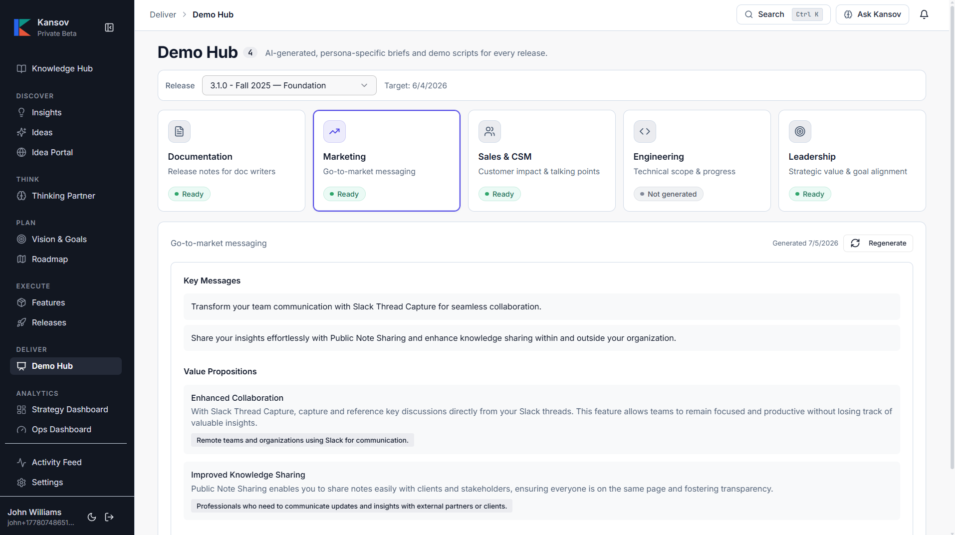 Kansov Demo Hub — persona-specific briefs for every release