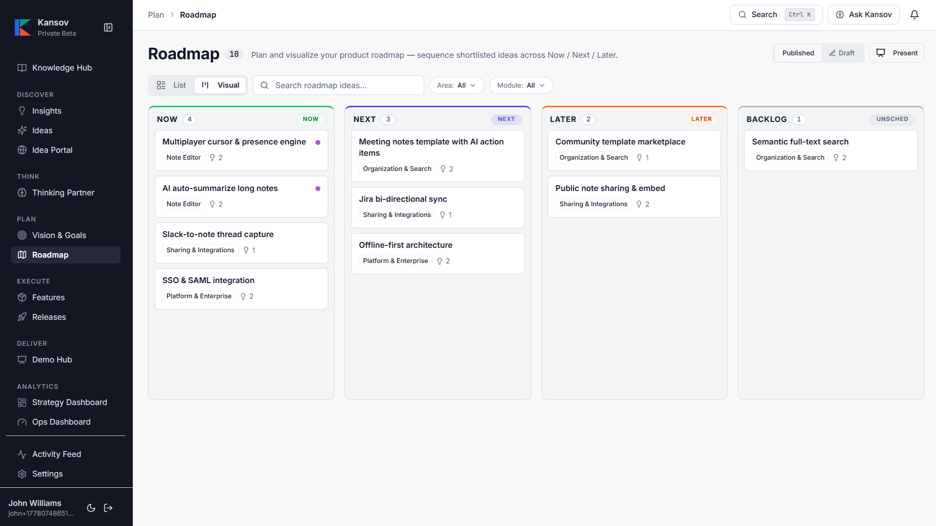 Kansov Roadmap — sequence shortlisted ideas across Now / Next / Later